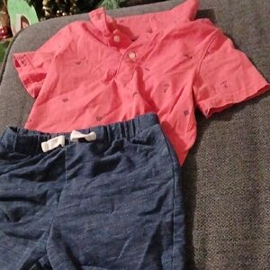 Carter's Coral Button Down Shirt with Blue Shorts